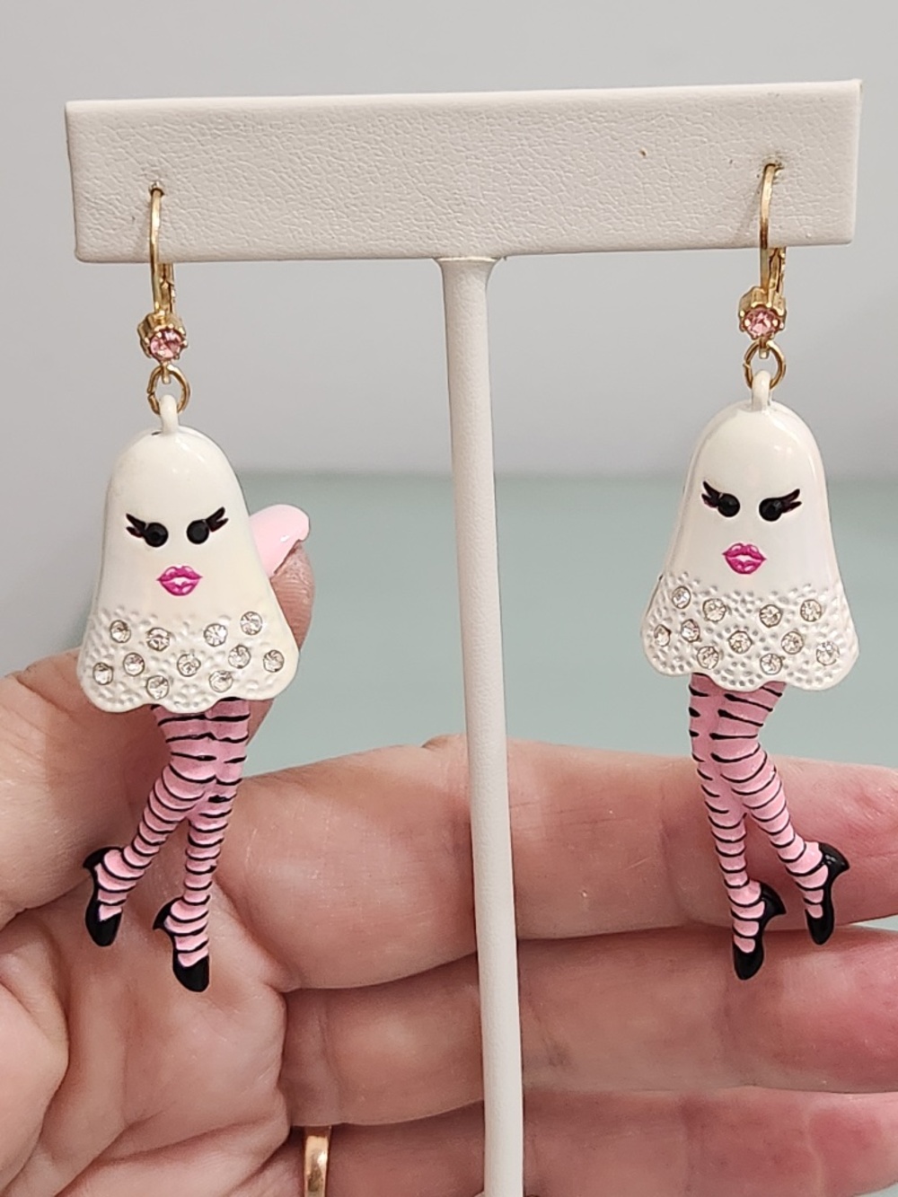 Betsey Johnson Earrings Halloween Dancing Girl Ghost Dangle NWT Crystals Boo Jee